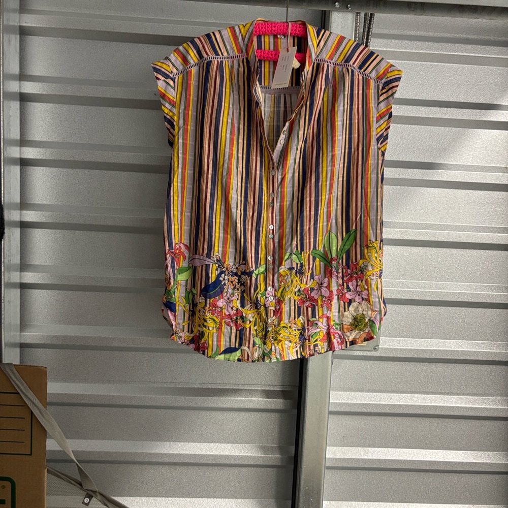 Johnny Was Multicolor Striped Sleeveless Blouse with Floral Hem